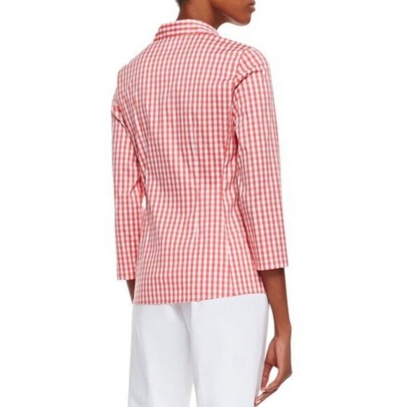 Lafayette 148 NY Petite Red White Gingham Stretch Button-Up Shirt Size 4 - Picture 2 of 8